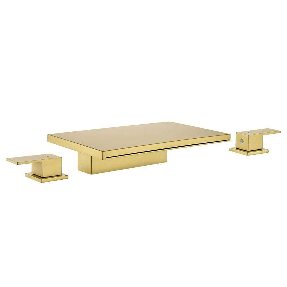 2-Handle Waterfall Deck-Mount Roman Tub Faucet with Valve Modern Brass 3-Hole Bathtub Faucets in Brushed Gold