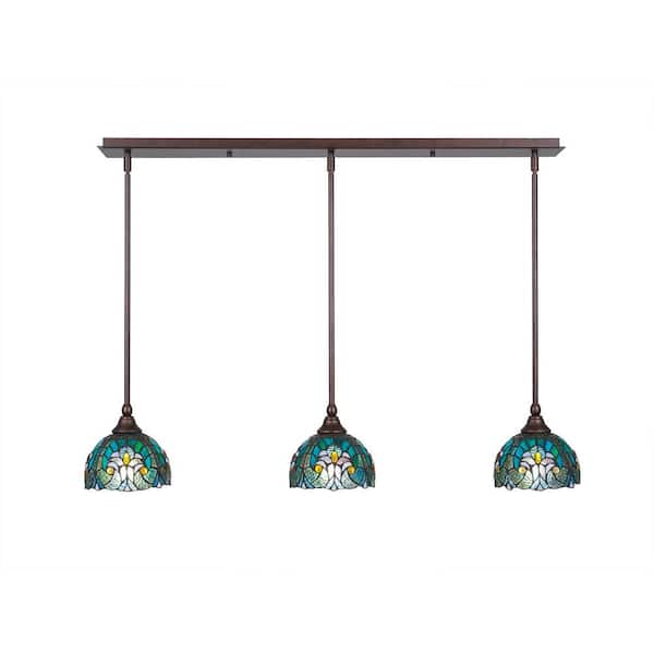 Unbranded Livingston 100-Watt 3 Light Bronze, Linear Pendant Light with 7 in. Art Glass Glass Shades No Bulbs Included