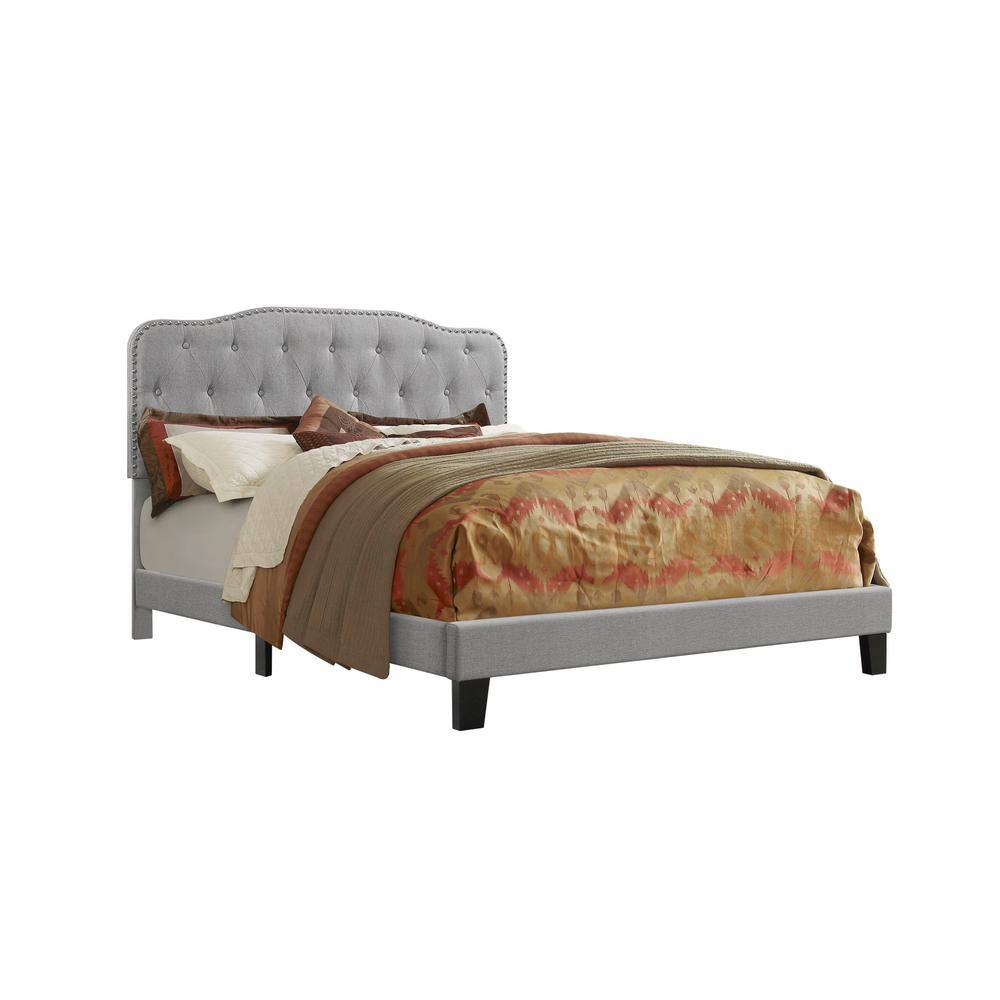 Elegant Queen-Sized Linen Upholstered Bed with Tufted Headboard and Nailhead Trim