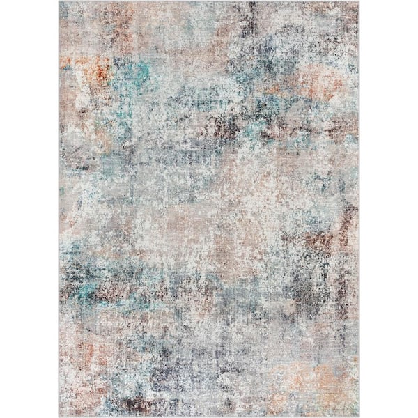 Well Woven Lotus Amesti Light Blue Contemporary Distressed Abstract 7 ft. 10 in. x 9 ft. 10 in. Machine Washable Flatweave Area Rug