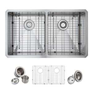 Professional 33 in. Undermount 50/50 Double Bowl 16 Gauge Stainless Steel Kitchen Sink with Accessories