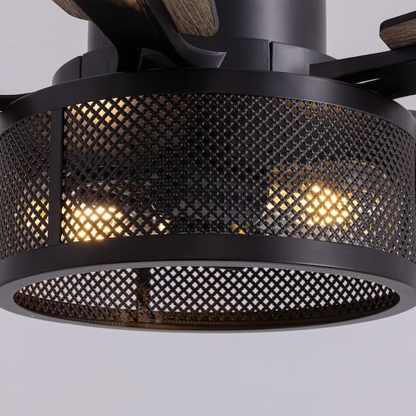46 in. Indoor Matte Black Layered Caged Ceiling Fan with Light Kit, Five Reversible Blades and Remote Included