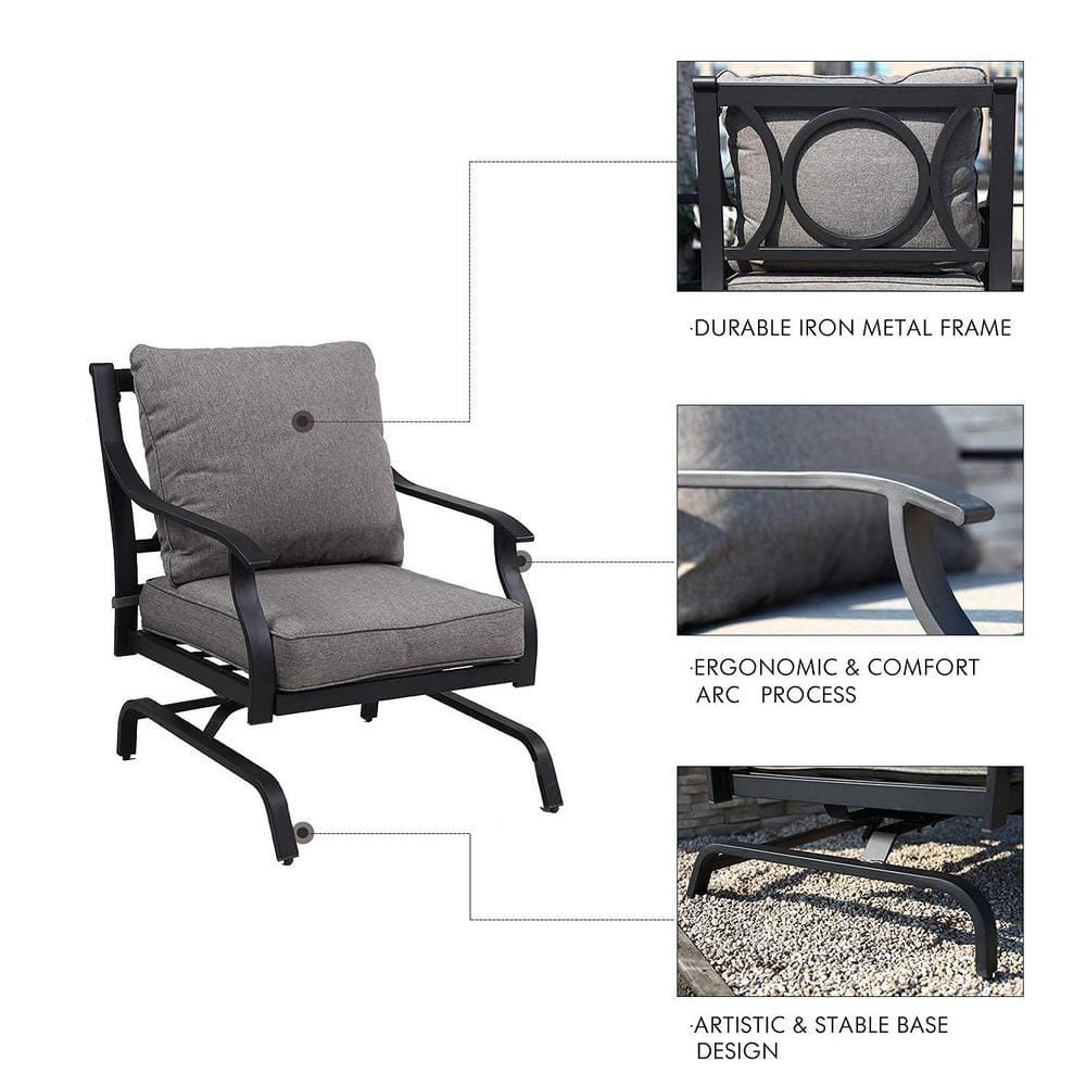 Detailed view of a black metal rocking chair with grey cushions highlighting the frame and base.