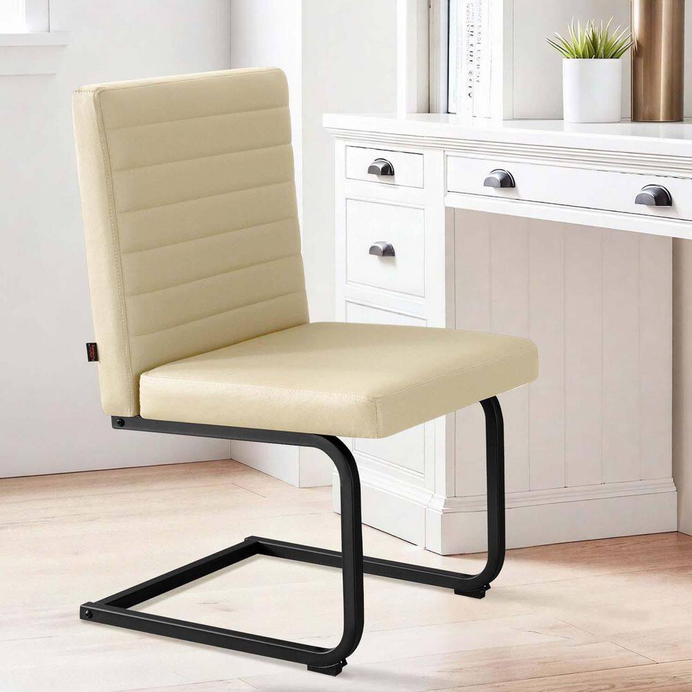 Beige Faux Leather Dining Chairs (Set of 2),Mid Century Upholstered Kitchen Side Chairs w/ Metal Legs,Dining Room Chairs