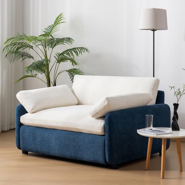 Harper & Bright Designs Blue and Cream 50 in. Oversized Chenille Arm Chair with 2-Pillows, Wide and Deep Seat