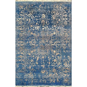 Transitional Blue/Gold 4 ft. x 6 ft. Floral Bamboo Silk and Wool Area Rug