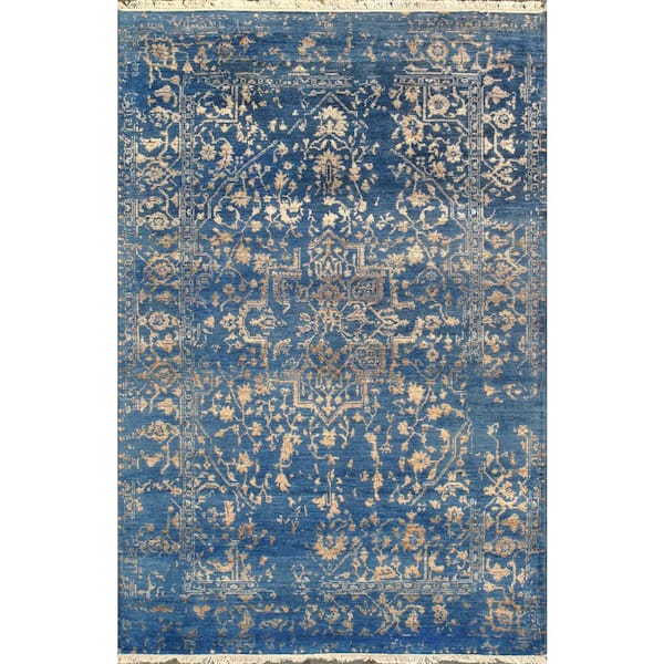 Pasargad Home Transitional Blue/Gold 4 ft. x 6 ft. Floral Bamboo Silk and Wool Area Rug