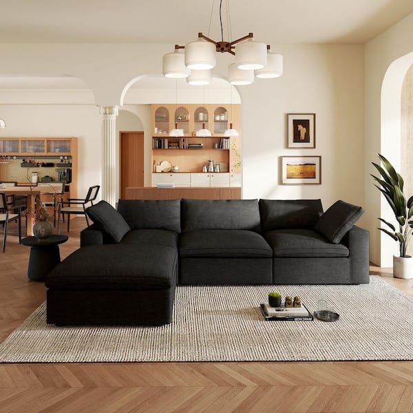118 in. Square Arm 4-Piece Linen L-Shaped Sectional Sofa Cloud Couch in Black with Ottoman