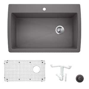 Diamond 33.5 in. Drop-in/Undermount Single Bowl Cinder Granite Composite Kitchen Sink Kit with Accessories