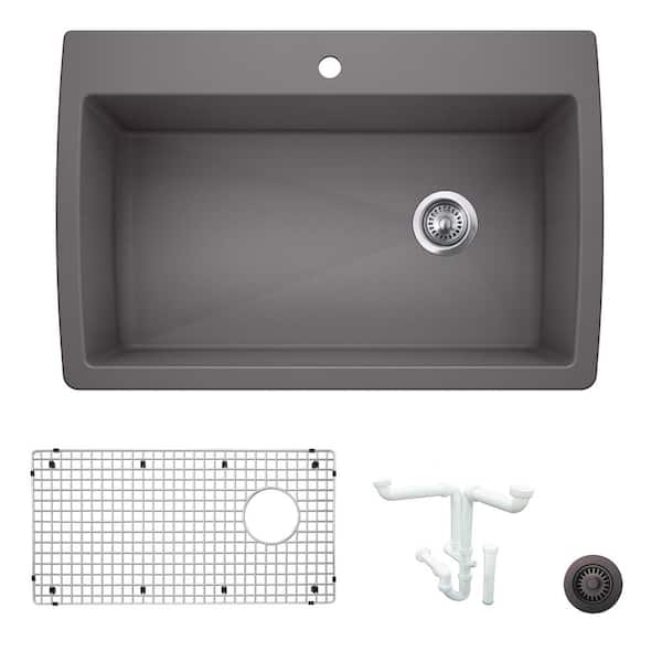 Blanco Diamond 33.5 in. Drop-in/Undermount Single Bowl Cinder Granite Composite Kitchen Sink Kit with Accessories