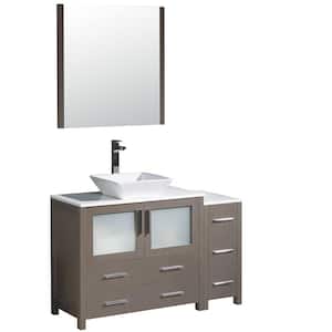 Torino 48 in. Vanity in Gray Oak with Glass Stone Vanity Top in White with White Basin and Mirror