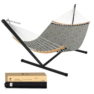 10 ft. Quilted 2-Person Hammock with Stand and Matching Pillow, Gray Jacquard
