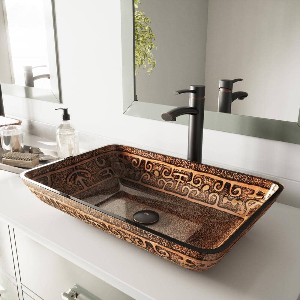 Golden Greek Rectangular Glass Vessel Sink in Gold and Brown
