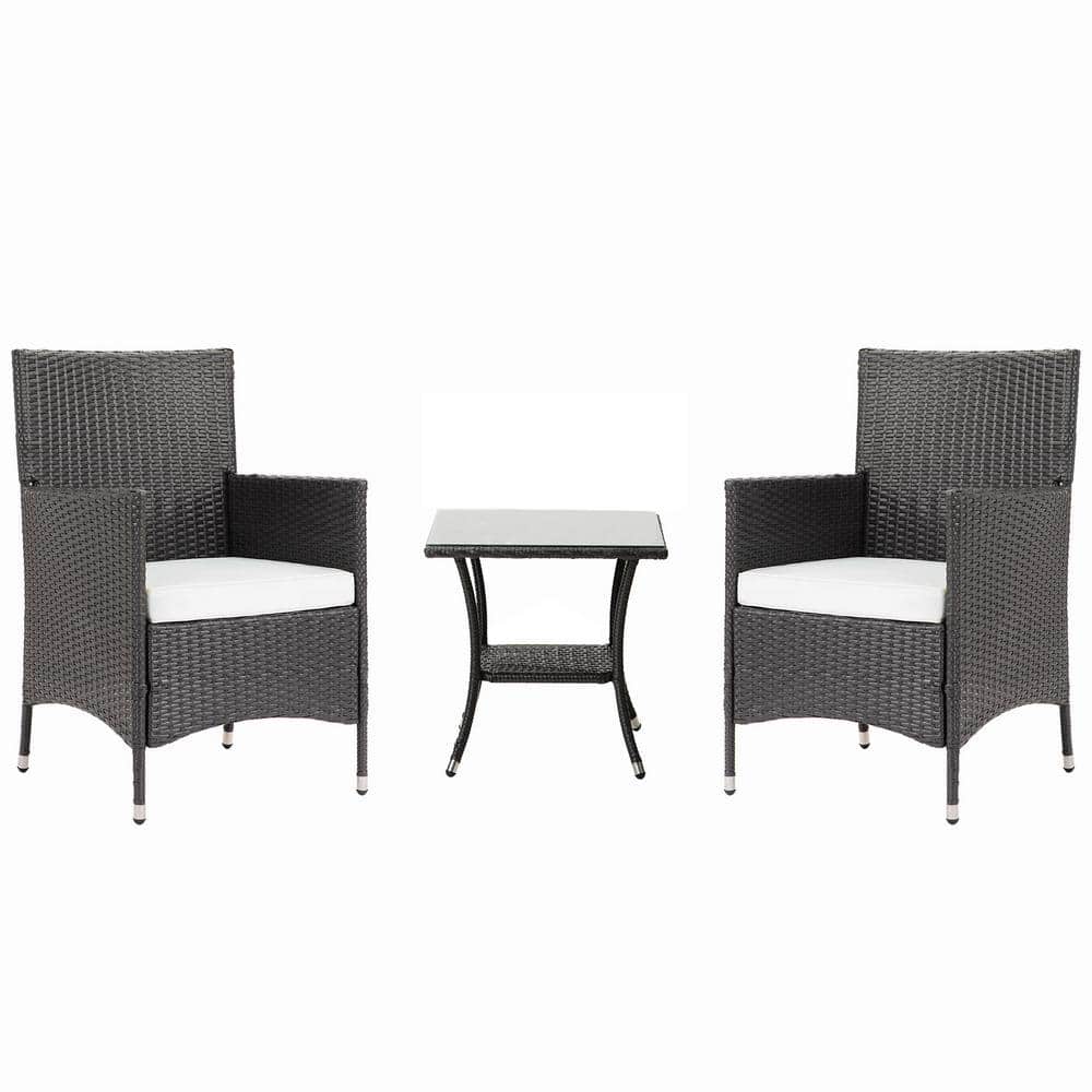 3-Piece Black Wicker Outdoor Bistro Set with White Cushions and Coffee Tabl