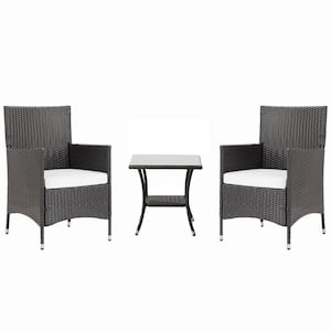 3-Piece Black Wicker Outdoor Bistro Set with White Cushions and Coffee Table