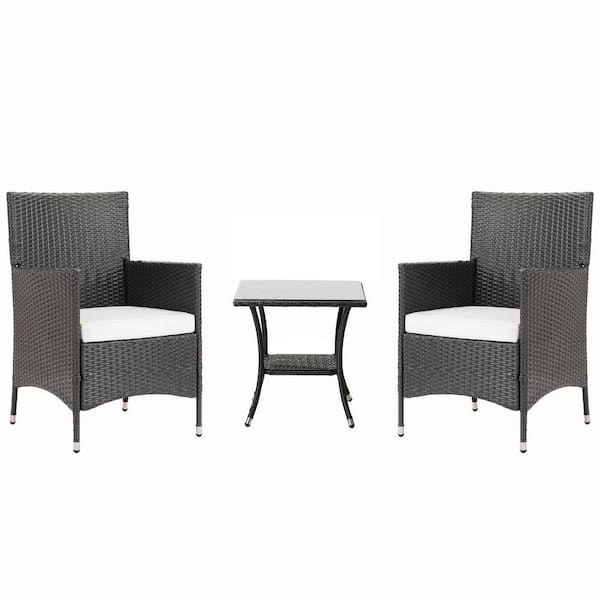 Unbranded 3-Piece Black Wicker Outdoor Bistro Set with White Cushions and Coffee Table