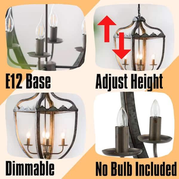 Vintage Series 4-Light Gray Iron Scroll Chandelier Lantern Shape Chandelier for Dining Room (No Bulbs Included)