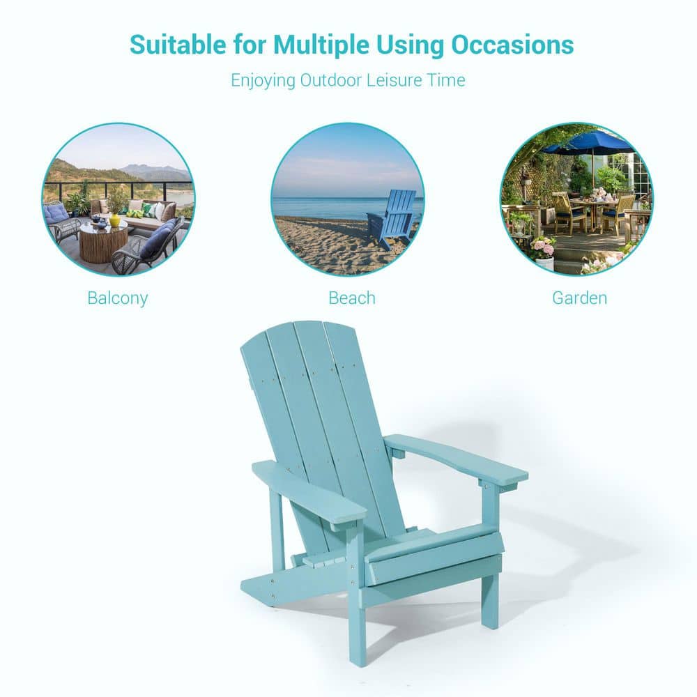 Lake blue outdoor Adirondack chair shown in various outdoor settings.