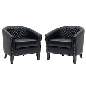 Mid-Century Black Solid Wood Legs PU leather Upholstered Accent Barrel Chair with Nail Head Trim (Set of 2)