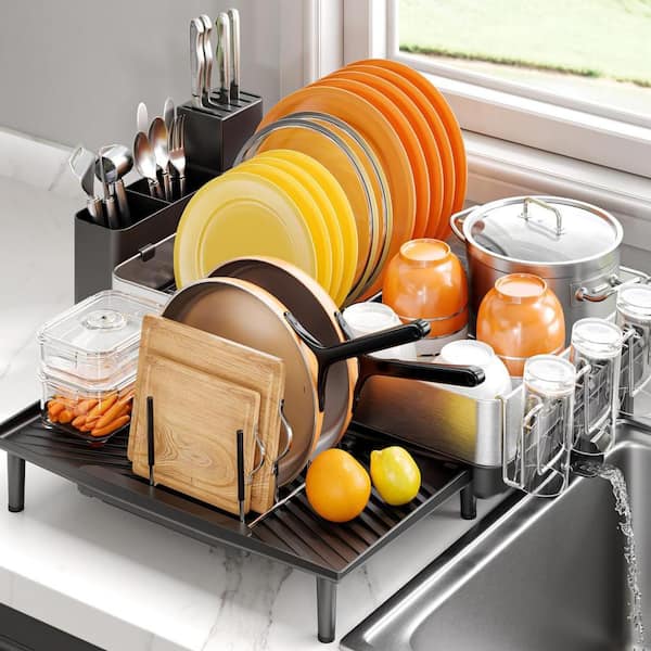 Stainless Steel Dish Rack with Cutlery Holder for Kitchen Counter, Expandable and Foldable Dish Strainer, Black