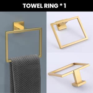 Square 5-Piece Bath Hardware Set with 24 in. Towel Bar Set Hand Towel Holder Towel/Robe Hook in Gold