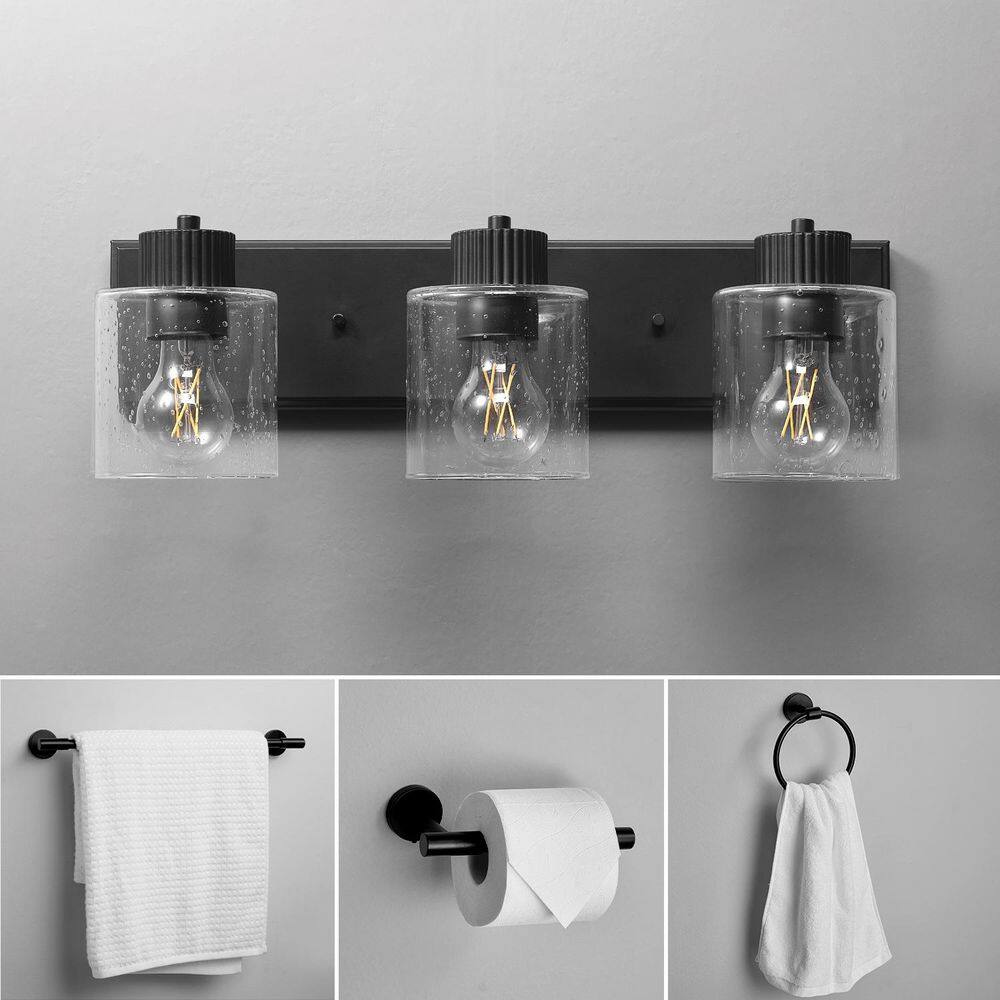 Dermot 20 in. 3-Light Matte Black Vanity Light with Seeded Glass Shades, Towel Bar, Toilet Paper Holder, Towel Ring price history on PriceWatchPro