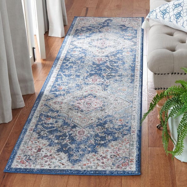 Phoenix 2 ft. x 8 ft. Ivory/Blue Distressed Medallion Floral Runner Rug