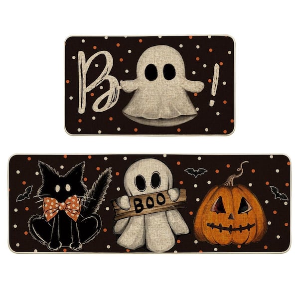 Black 17 in. x 29 in. and 17 in. x 47 in. Polyester and Rubber Non-Slip Indoor Outdoor Kitchen Mat Set