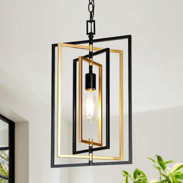 Uolfin Modern Kitchen Island Pendant Light 1-Light Rectangle Black and Gold Pendant Light with Rotatable Frame