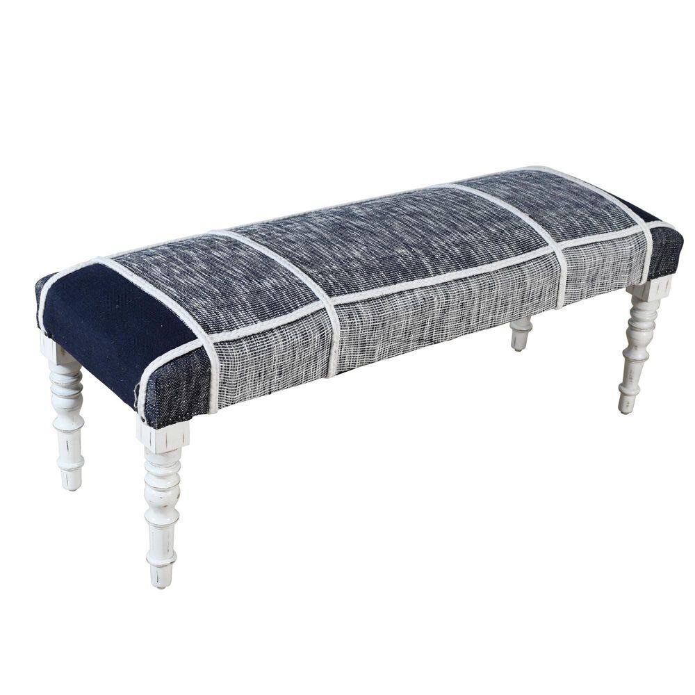 Navy and White Plaid Upholstered Storage Bench with Wood Legs
