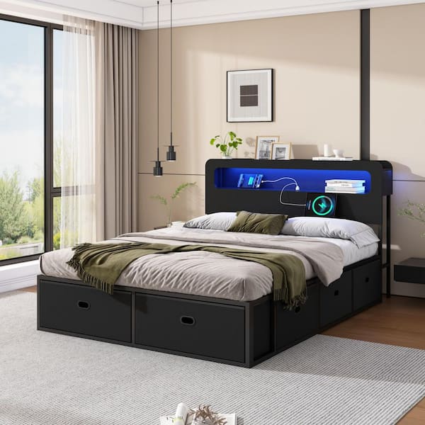 Beto Black Metal Frame Queen Platform Bed with LED Storage Headboard, Charging Station, and 8 Storage Drawers