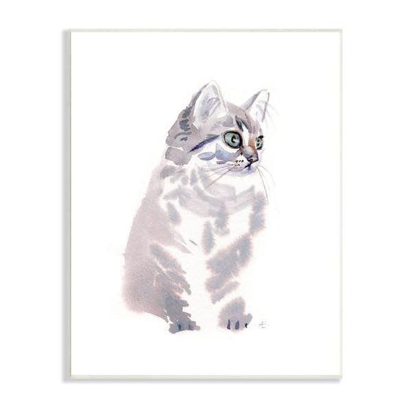 Stupell Industries "Grey Shorthair Kitten Portrait Pet Cat" by Verbrugge Watercolor Unframed Animal Wood Wall Art Print 10 in. x 15 in.