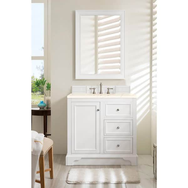 James Martin Vanities De Soto 37.3 in. W x 23.5 in. D x 36.3 in. H Single Bath Vanity in Bright White with Marfil Quartz Top