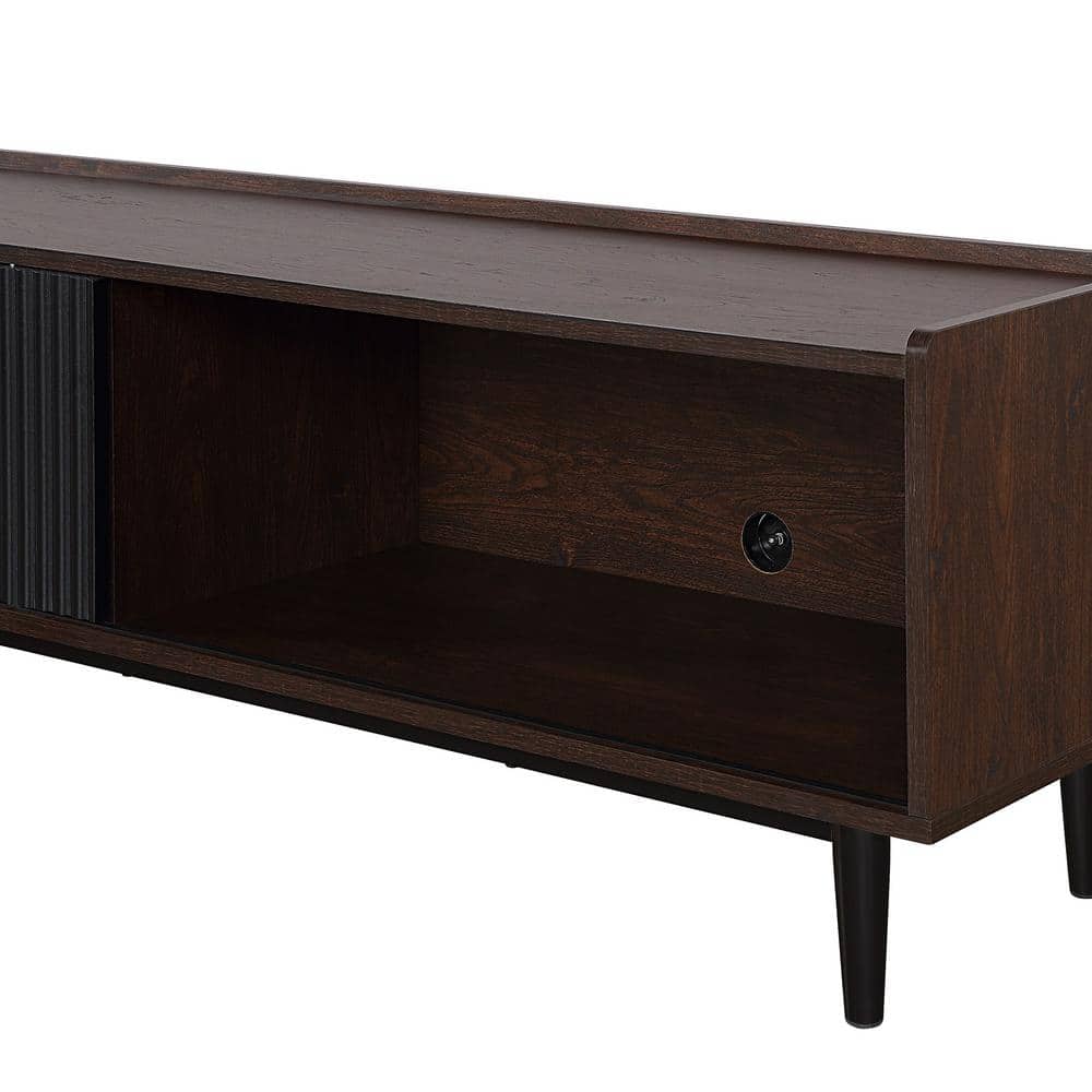 Duane Dark Brown and Black Ribbed TV Stand with Iron Legs