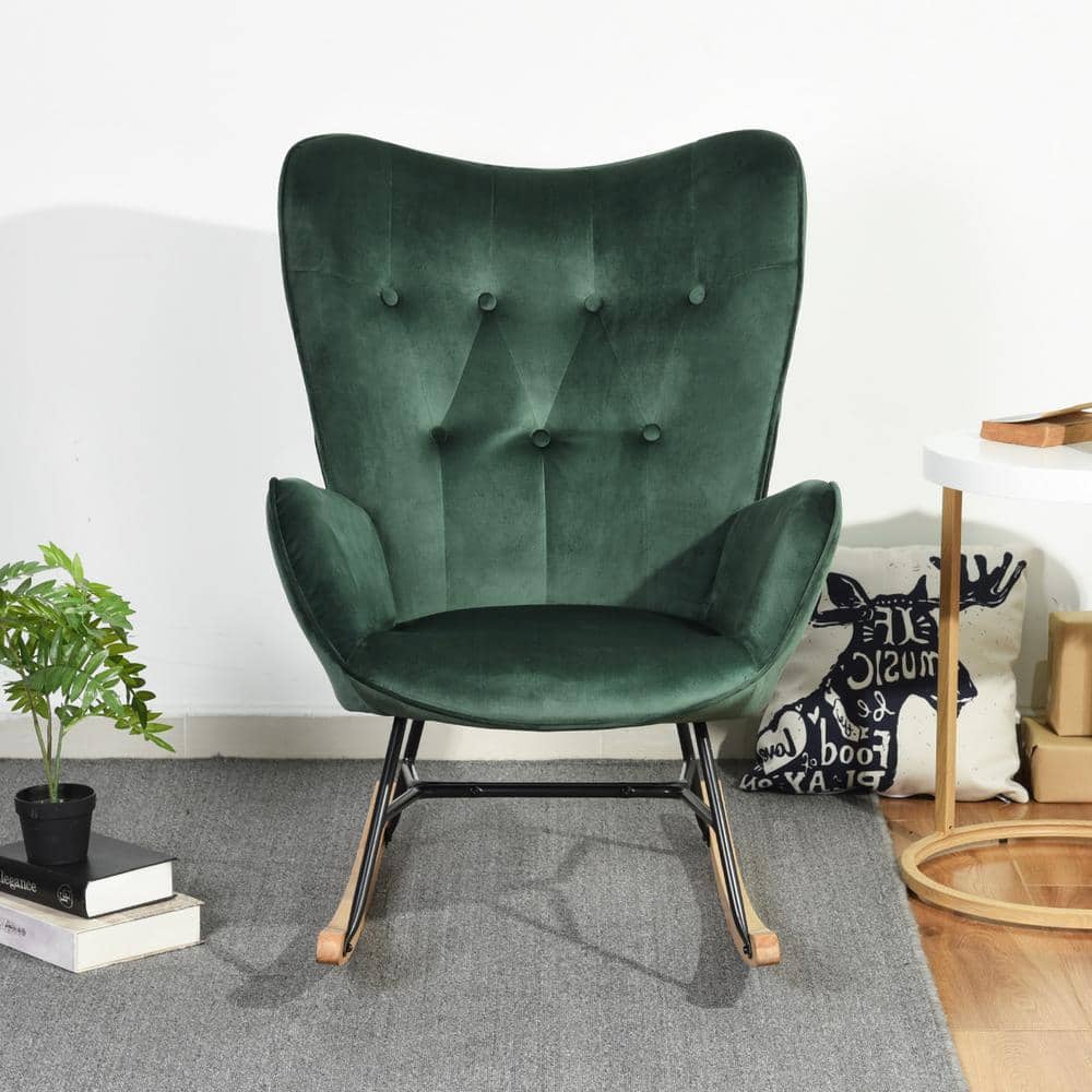 Green Velvet Tufted Rocking Chair with Wooden Base