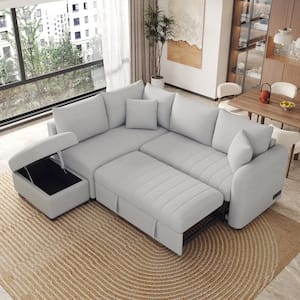 82.6 in. Gray Twin Size Pull Out Sofa Bed L-shaped Sectional Sofa with 2 USB Ports, 2 Power Sockets and Storage Ottoman