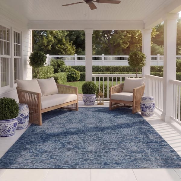 Courtyard Navy/Beige 8 ft. x 11 ft. Antique Floral Indoor/Outdoor Area Rug