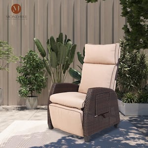 Mongue Black 1-Piece Wicker Rattan Outdoor Patio Lounge Recliner Chair Adjustable with Beige Cushion for Balcony