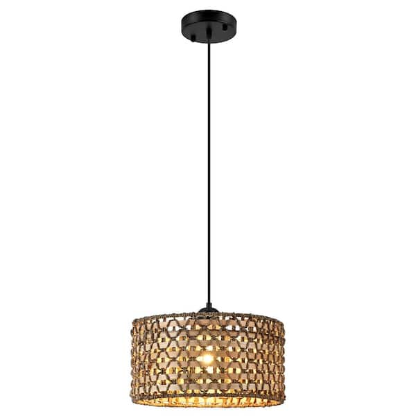ZSMIHDOH 11.8 in. 1-Light Black and Natural Pendant Light with Rattan Shade, No Bulbs Included