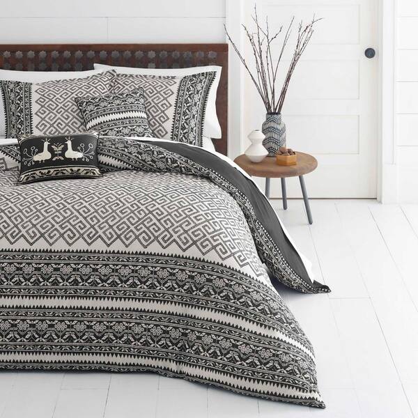 Azalea Skye Greca Borders 3 Piece Black And White Geometric Plush Microfiber Full Queen Duvet Cover Set 221834 The Home Depot - Plush Duvet Cover Full