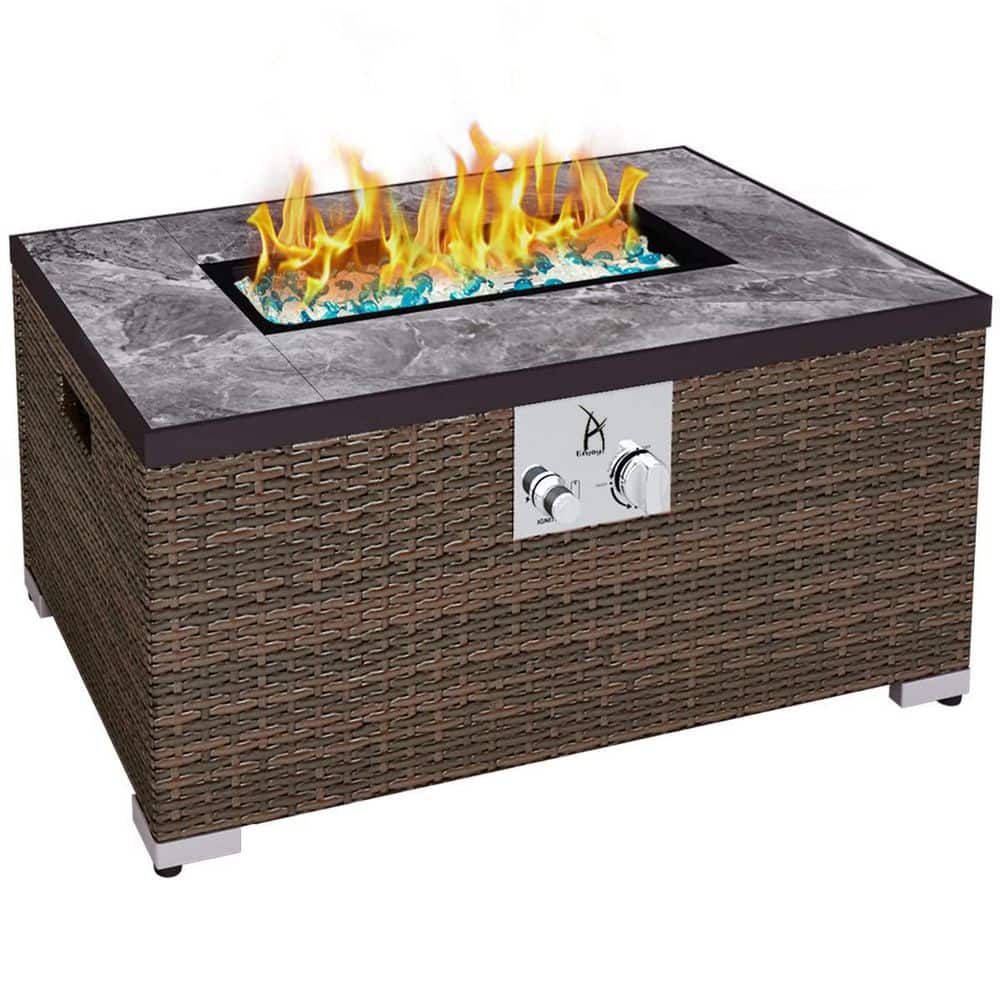 Zeus & Ruta Outdoor Brown Rectangular Wicker Fire Pit Table, 40,000 BTU Propane Fire Pit Table