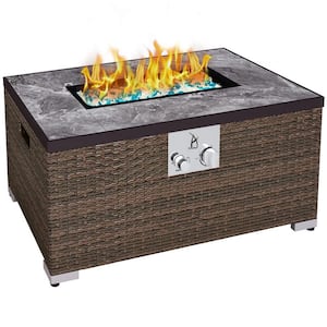 Outdoor Brown Rectangular Wicker Fire Pit Table, 40,000 BTU Propane Fire Pit Table