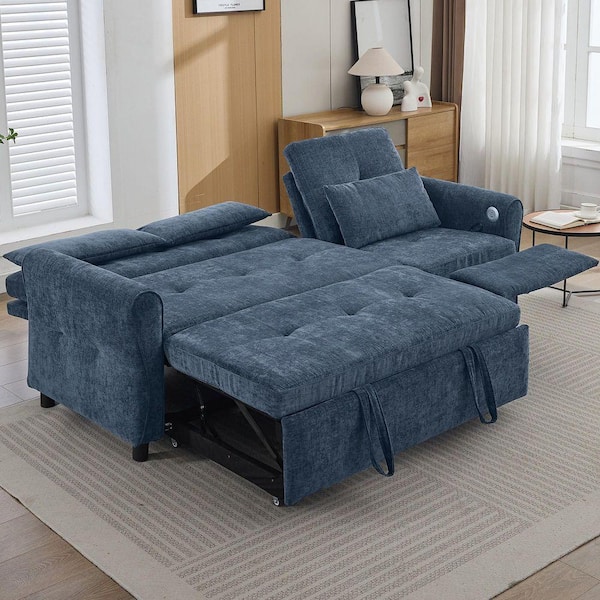 82 in. Wide Flared Arm Chenille U-shaped Sofa in Blue 2-in-1