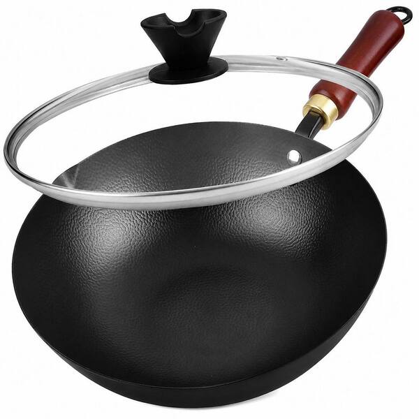 10 Inch Carbon Steel Wok with Lid for Electric Induction and Gas Stoves, Pre-Seasoned, Includes User Guide Video