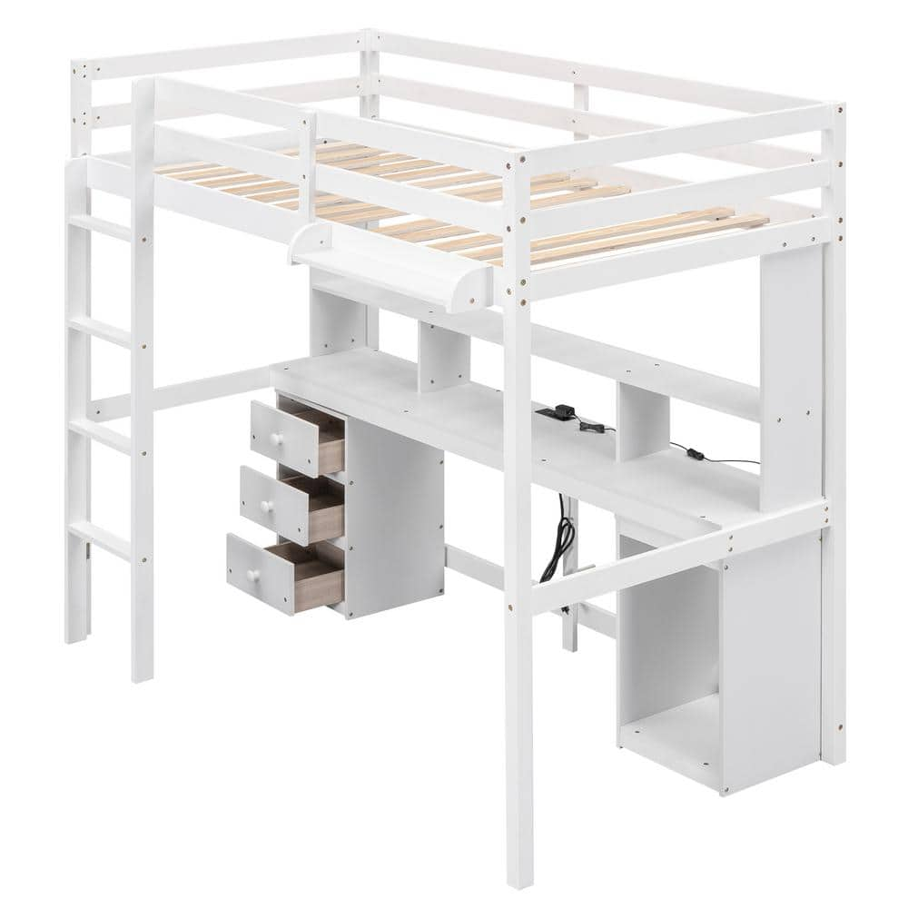 Harper & Bright Designs White Twin Size Wood Loft Bed With Built-in 