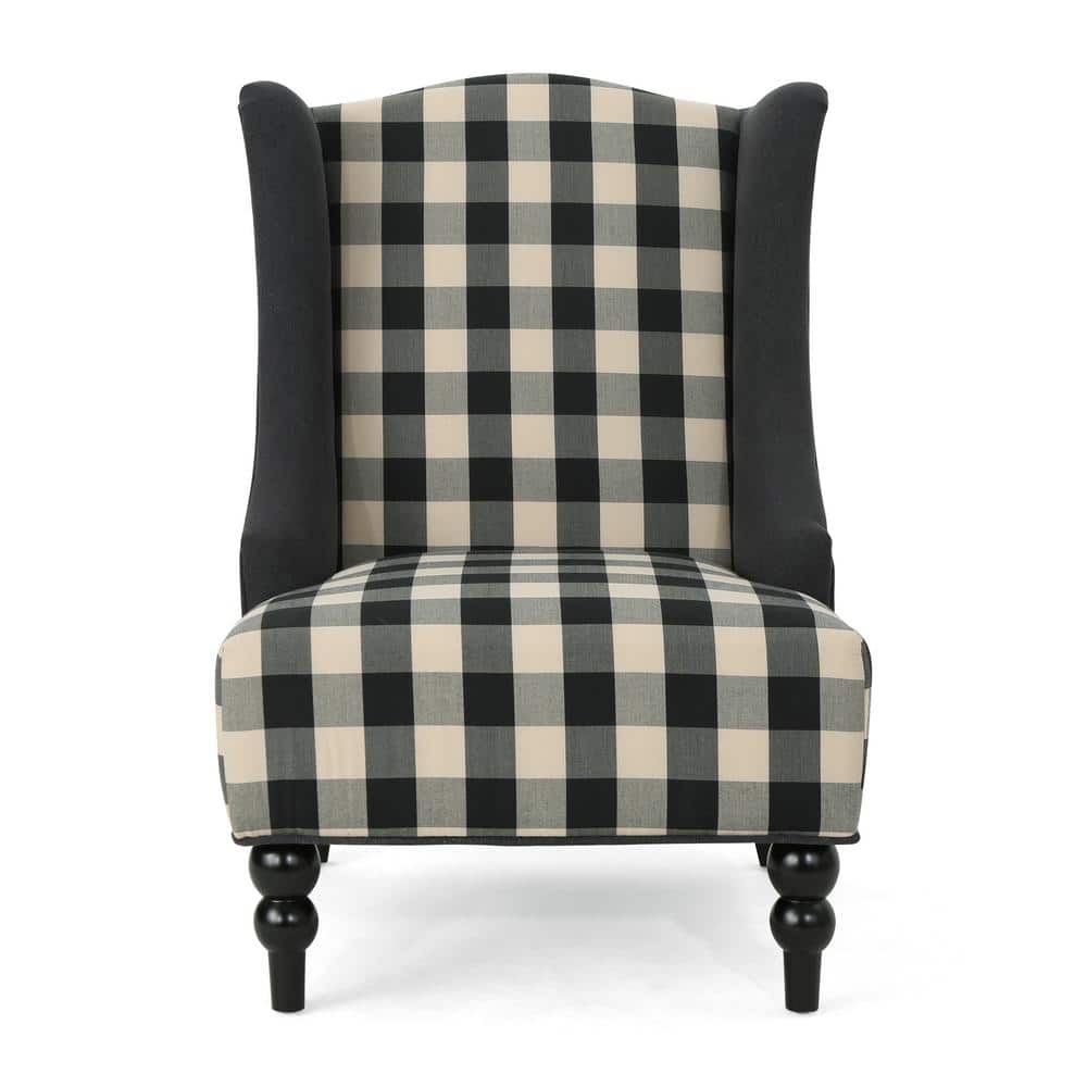Handcrafted Black and Beige Plaid Wood Club Accent Chair