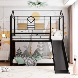 Twin Metal Bunk Bed, Metal House bed with Slide Black with Black Slide