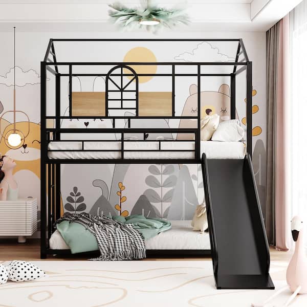 Twin Metal Bunk Bed, Metal House bed with Slide Black with Black Slide
