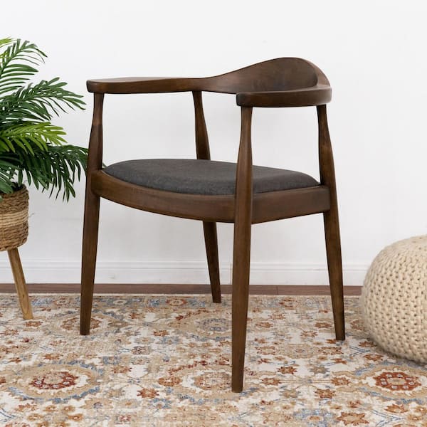 Noble House Trevor Mid-Century Modern Grey Linen Upholstered Dining Chair, Solid Wood Legs, Armrests