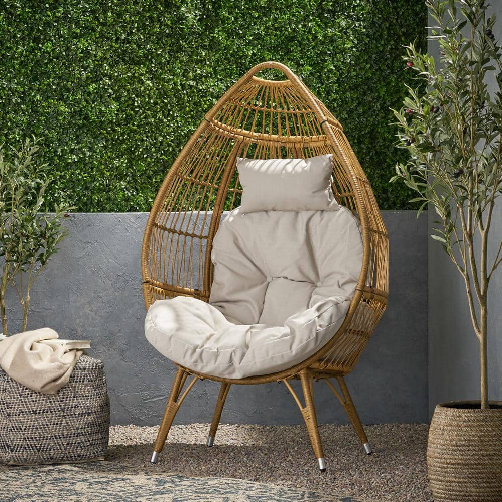 Wicker Outdoor Lounge Chair, Teardrop Chair With Beige Cushion for Porch, B
